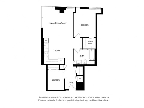 Floor plan for 1 bed, 1 bath, 847 sqft